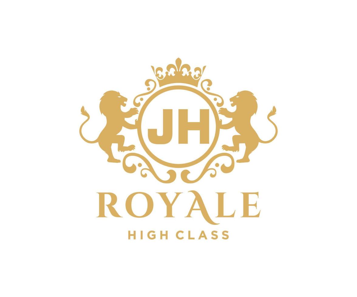 Golden Letter JH template logo Luxury gold letter with crown. Monogram alphabet . Beautiful royal initials letter. vector