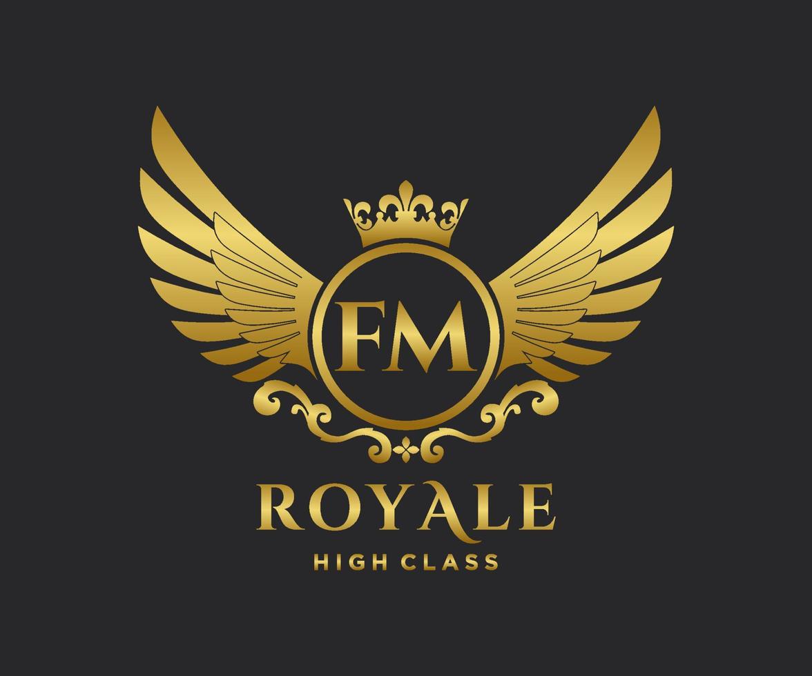 Golden Letter FM template logo Luxury gold letter with crown. Monogram alphabet . Beautiful royal initials letter. vector