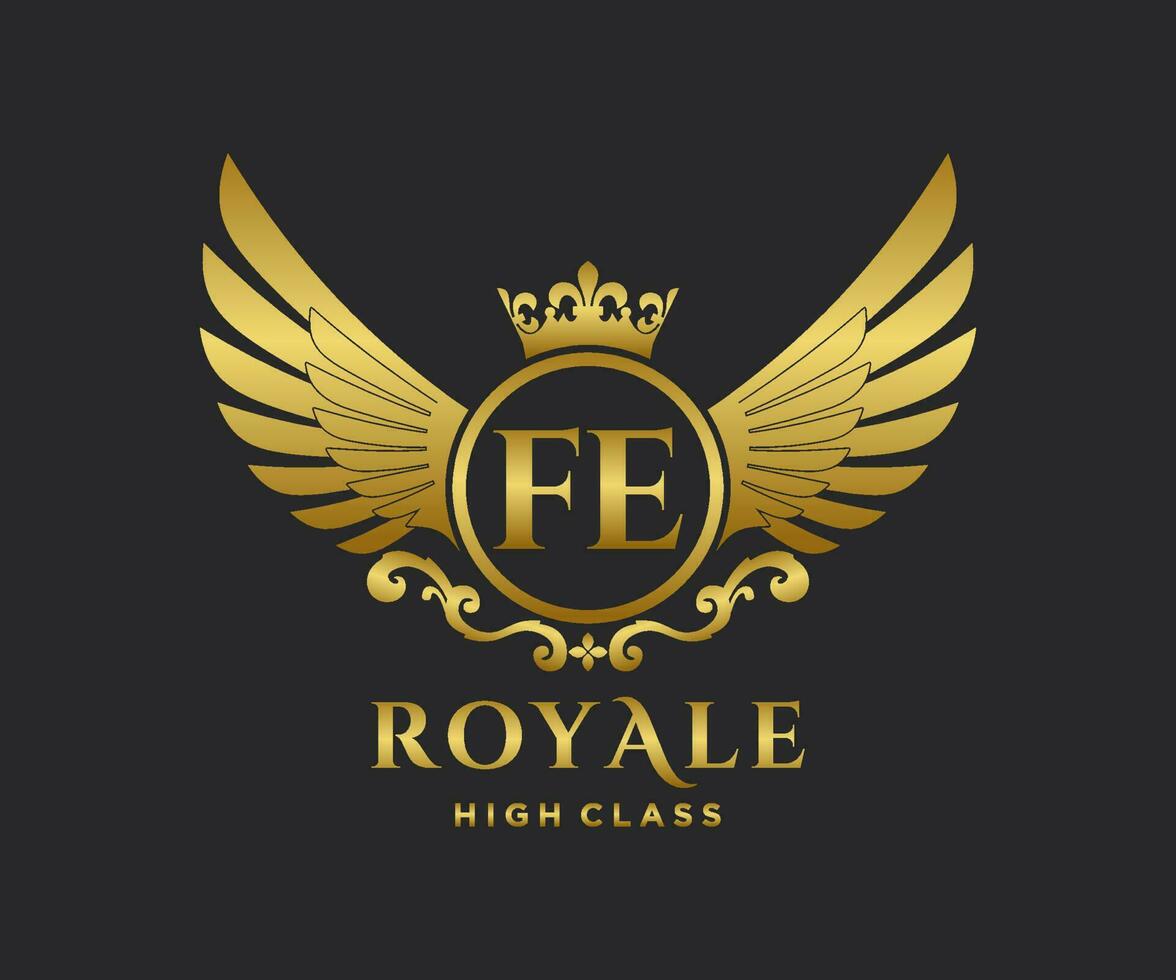 Golden Letter FE template logo Luxury gold letter with crown. Monogram alphabet . Beautiful royal initials letter. vector