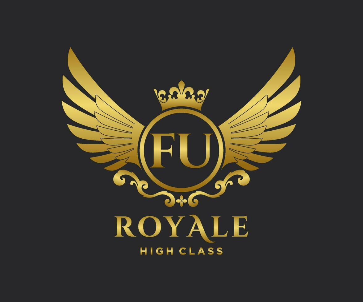 Golden Letter FU template logo Luxury gold letter with crown. Monogram alphabet . Beautiful royal initials letter. vector