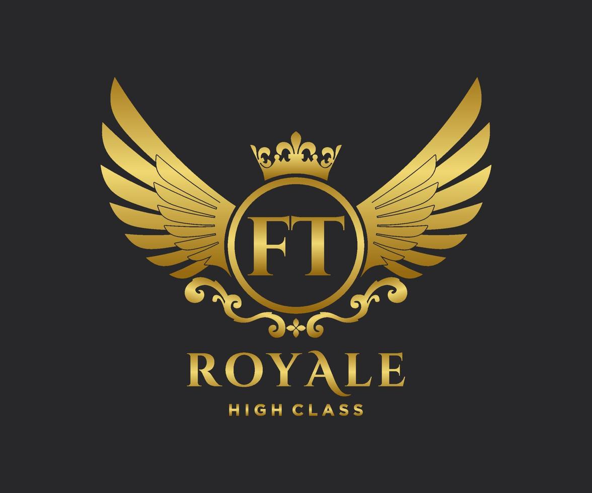 Golden Letter FT template logo Luxury gold letter with crown. Monogram alphabet . Beautiful royal initials letter. vector
