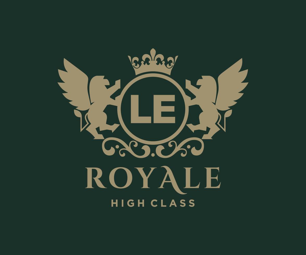 Golden Letter LE template logo Luxury gold letter with crown. Monogram alphabet . Beautiful royal initials letter. vector