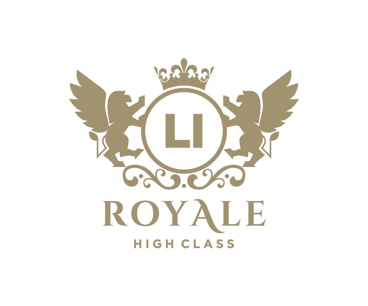 Golden Letter LI template logo Luxury gold letter with crown. Monogram alphabet . Beautiful royal initials letter. vector