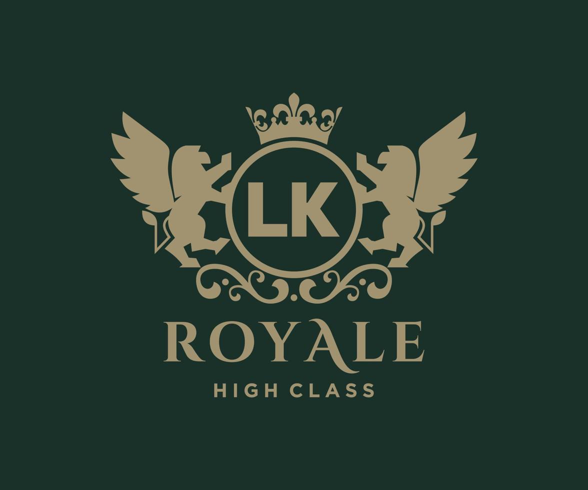 Golden Letter LK template logo Luxury gold letter with crown. Monogram alphabet . Beautiful royal initials letter. vector