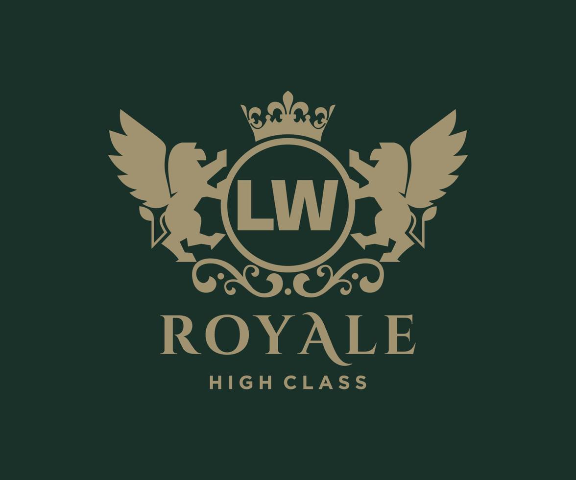 Golden Letter LW template logo Luxury gold letter with crown. Monogram alphabet . Beautiful royal initials letter. vector
