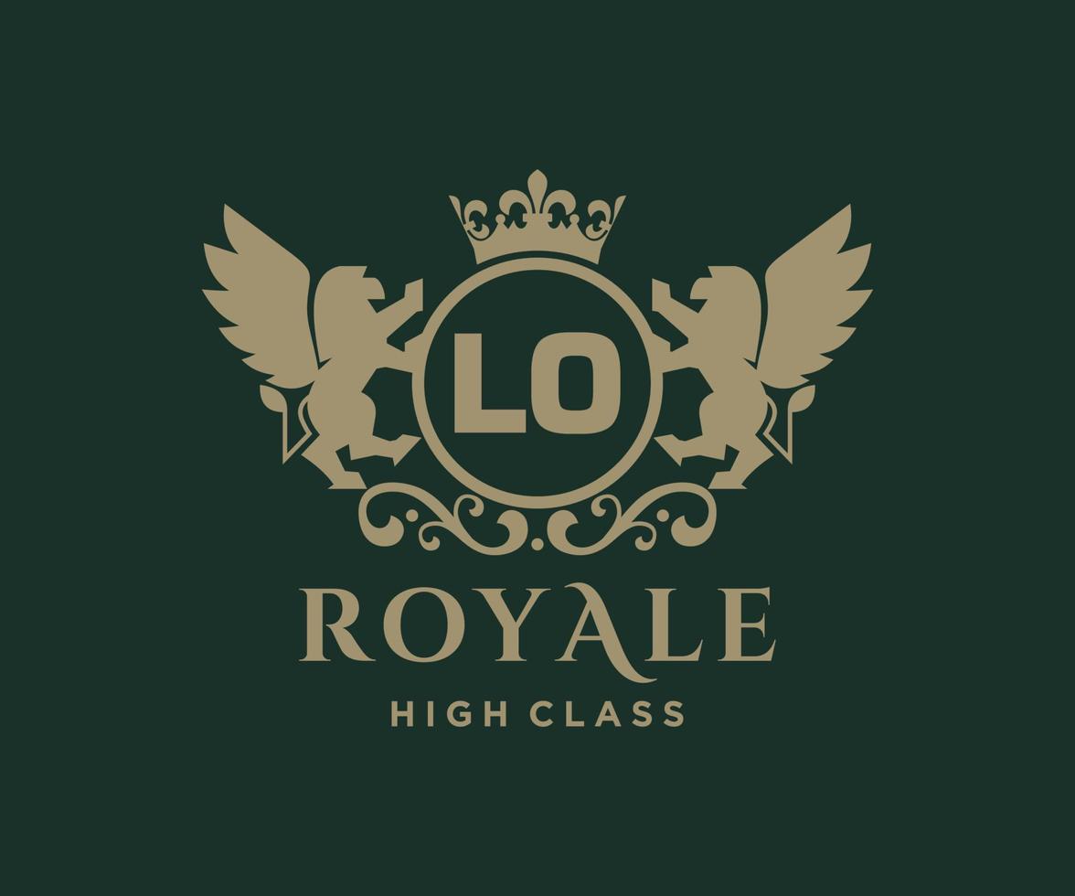 Golden Letter LO template logo Luxury gold letter with crown. Monogram alphabet . Beautiful royal initials letter. vector