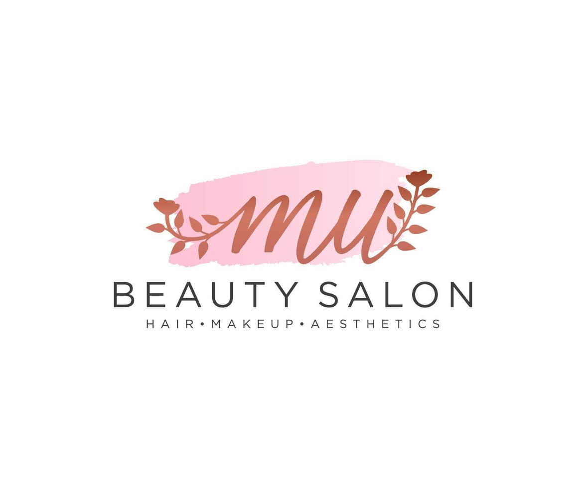 Initial MU feminine logo collections template. handwriting logo of initial signature, wedding, fashion, jewerly, boutique, floral and botanical with creative template for any company or business. vector