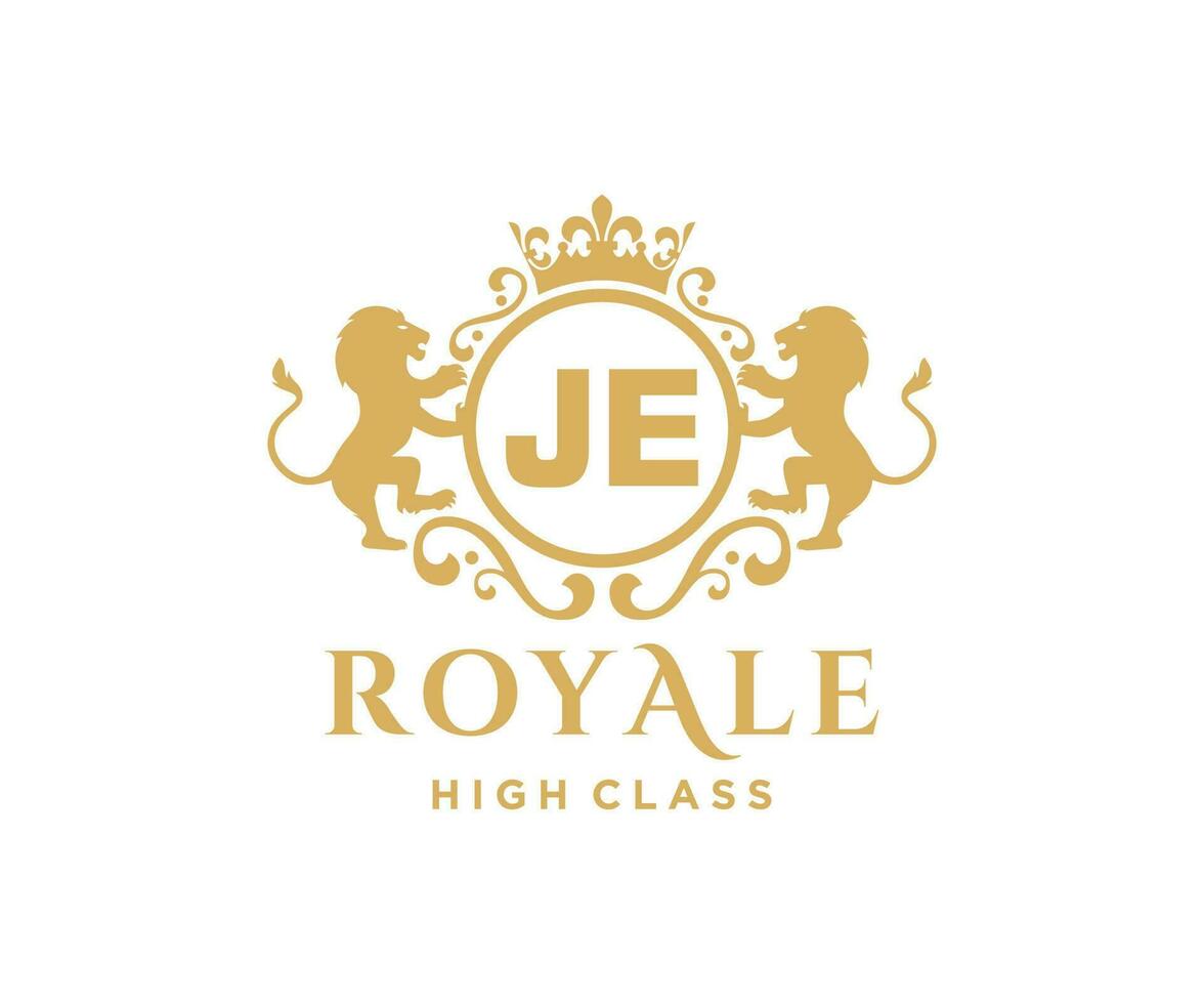 Golden Letter JE template logo Luxury gold letter with crown. Monogram alphabet . Beautiful royal initials letter. vector