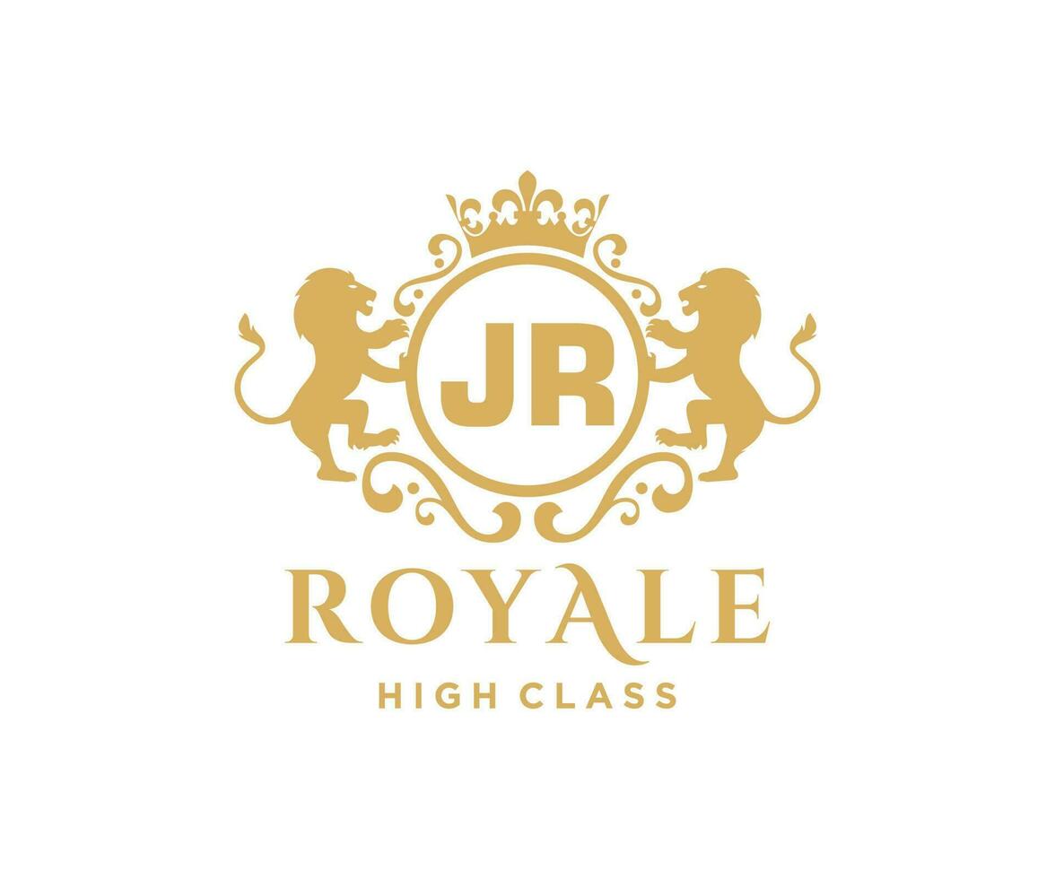 Golden Letter JR template logo Luxury gold letter with crown. Monogram alphabet . Beautiful royal initials letter. vector