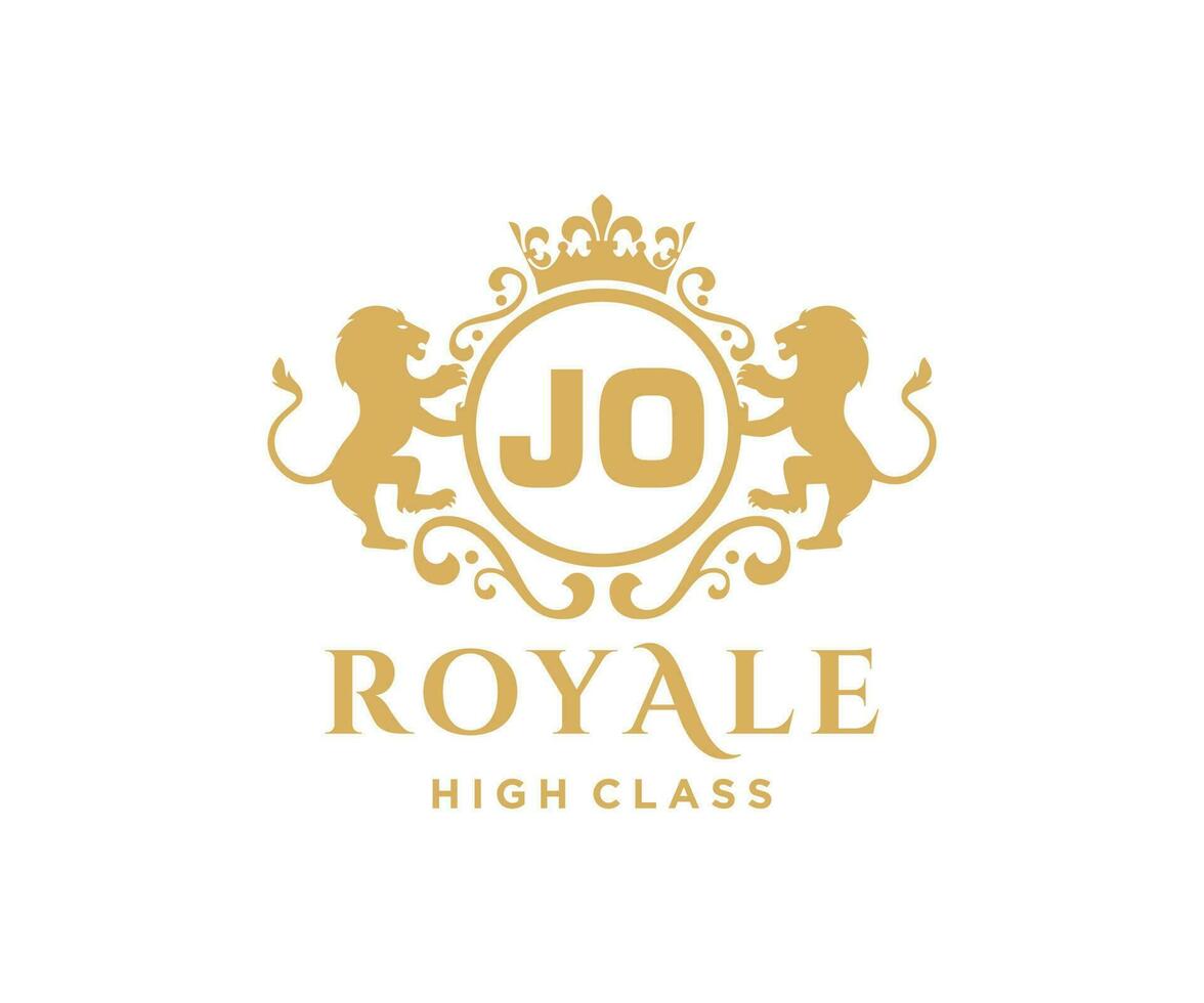 Golden Letter JO template logo Luxury gold letter with crown. Monogram alphabet . Beautiful royal initials letter. vector