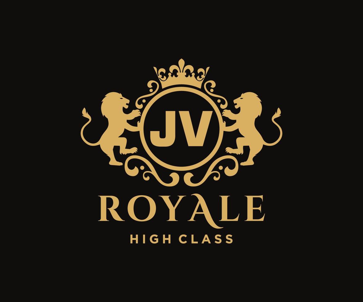 Golden Letter JV template logo Luxury gold letter with crown. Monogram alphabet . Beautiful royal initials letter. vector