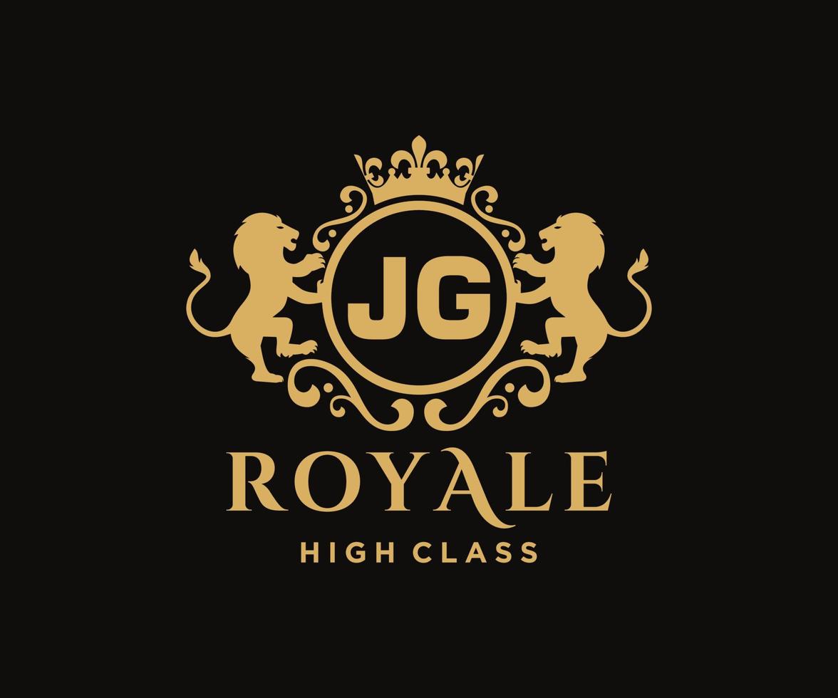 Golden Letter JG template logo Luxury gold letter with crown. Monogram alphabet . Beautiful royal initials letter. vector
