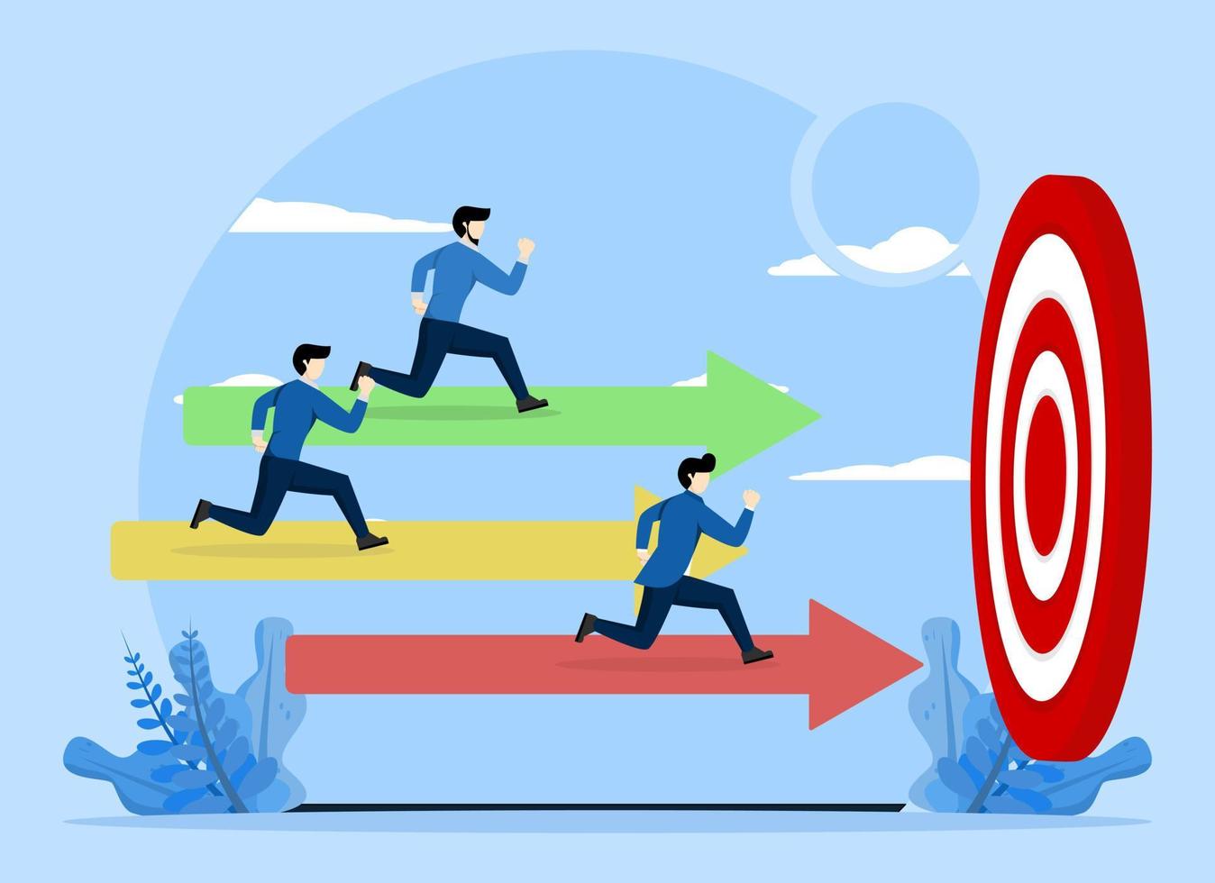 Business competition concept, concept of performance over other employees, competition against competitors to increase sales for victory, businessman and woman compete on arrows racing track. vector