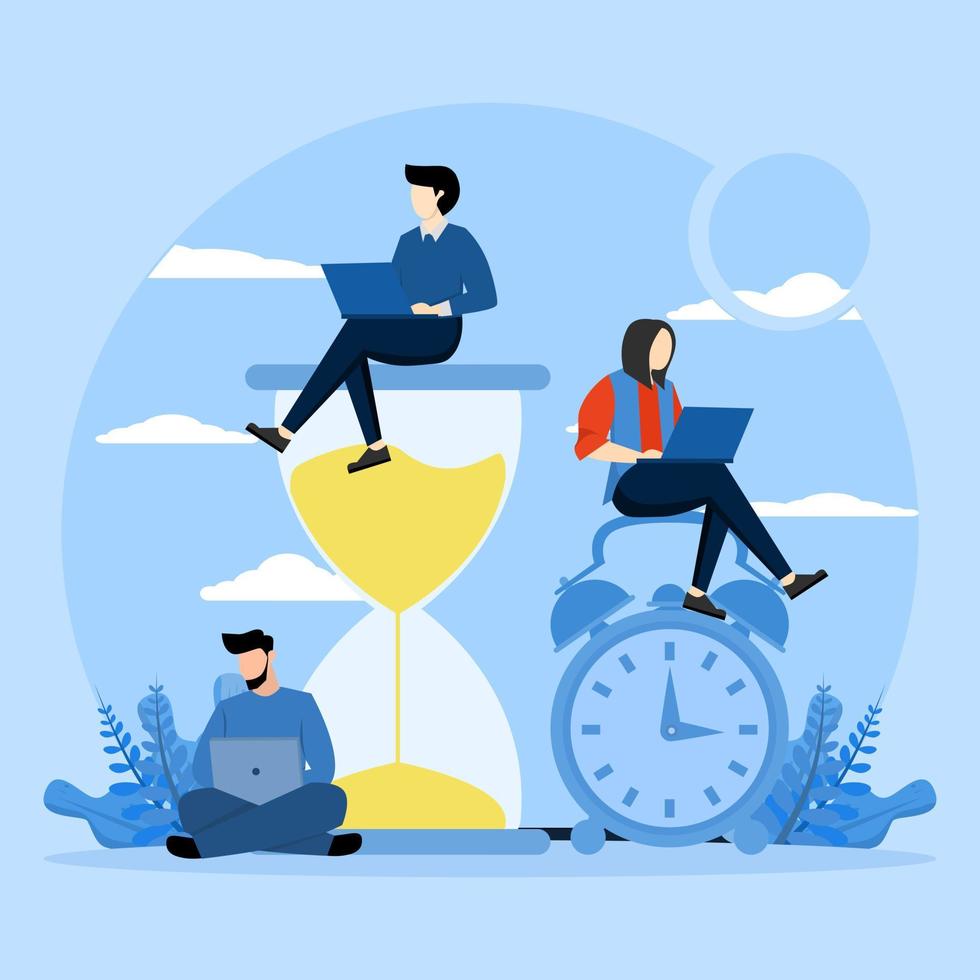 Team working with laptops. Time management and business planning. Time is money. Deadlines. Little man and big hourglass, alarm clock. Young employee working near big watch button. vector