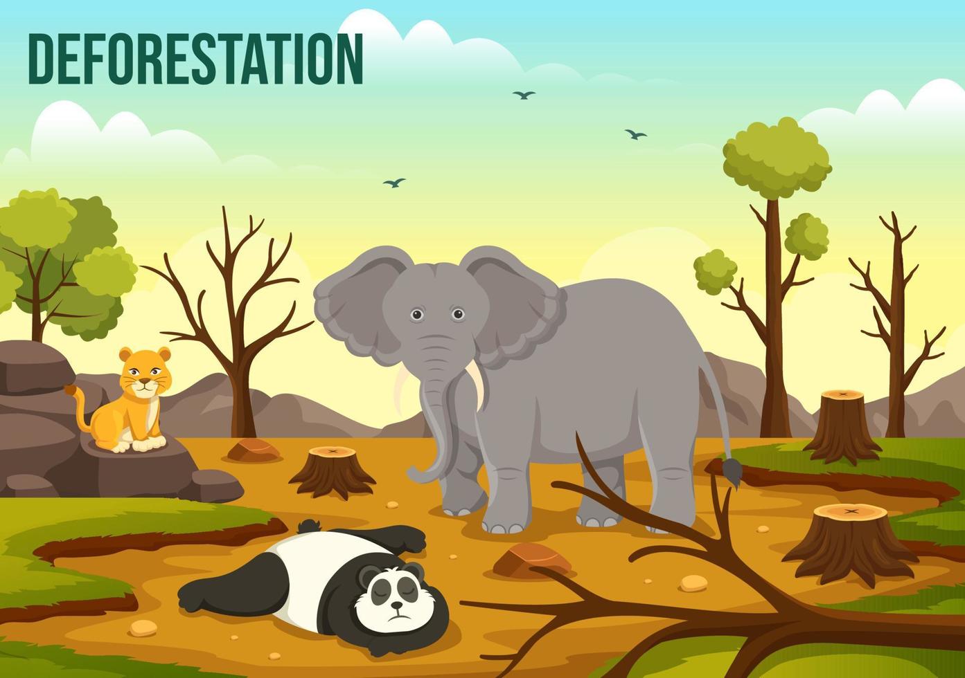 Deforestation Illustration with Tree in the Felled Forest and Burning Into Pollution Causing the Extinction of Animals in Cartoon Hand Drawn Templates vector