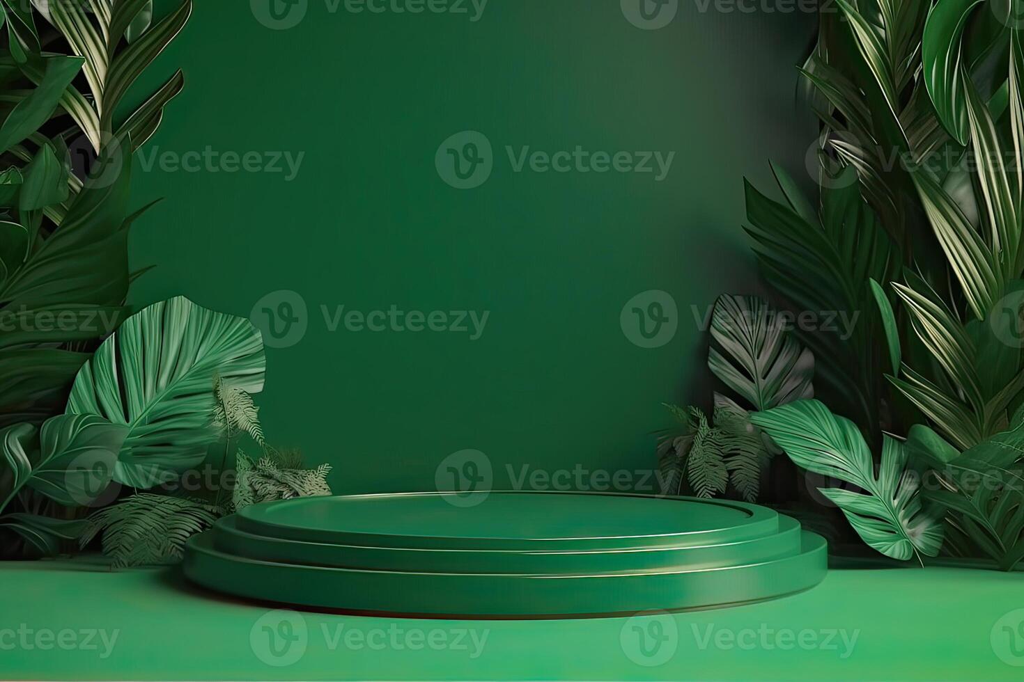 Minimal modern product display on green background with fresh palm leaves and shadows. Minimal Podium with Palm Leaf Summer Template Abstract Background. . photo