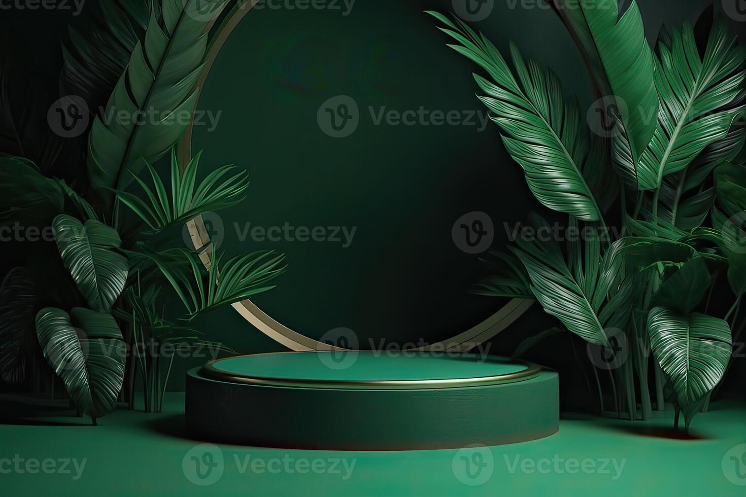 Minimal modern product display on green background with fresh palm leaves and shadows. Minimal Podium with Palm Leaf Summer Template Abstract Background. . photo