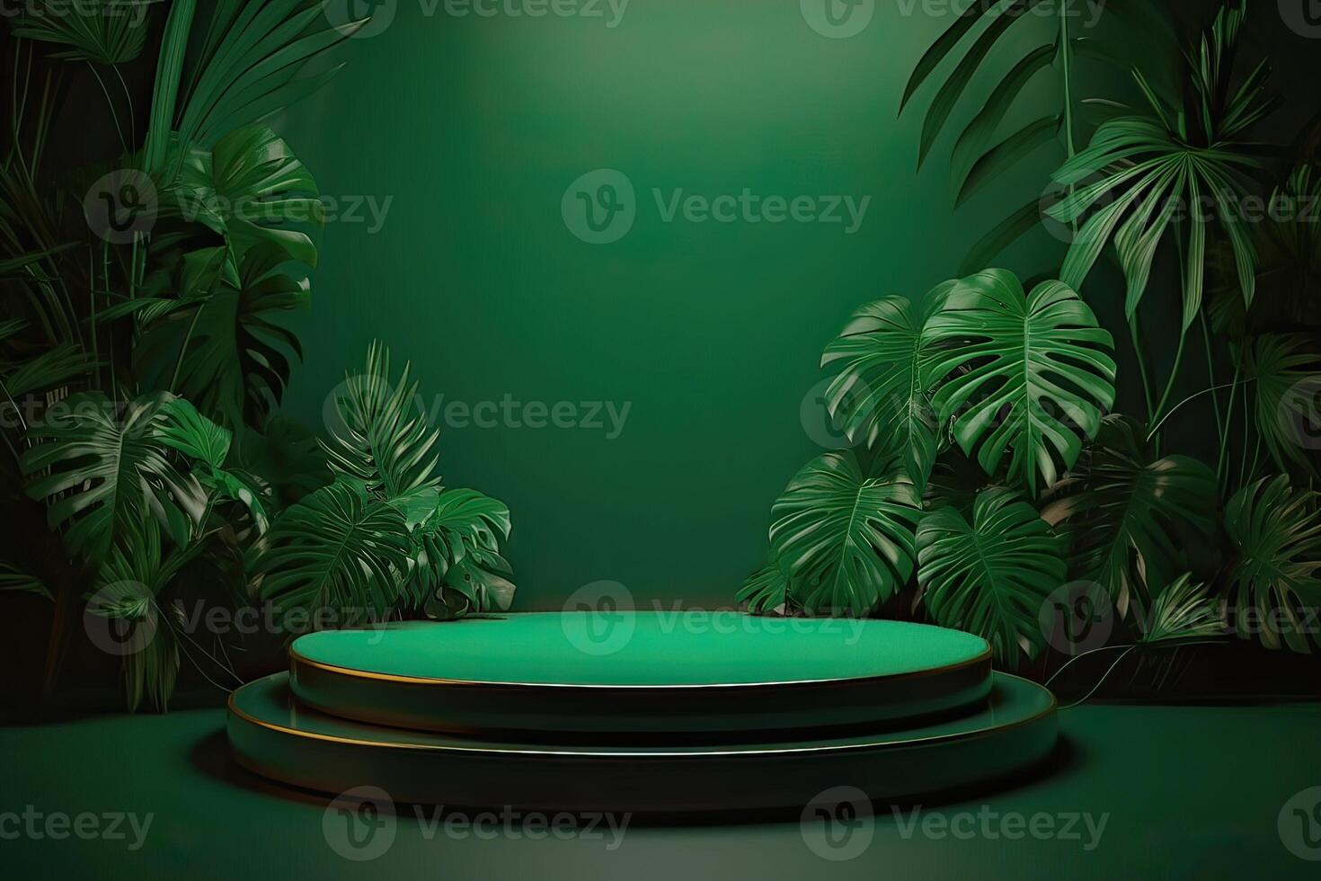 Minimal modern product display on green background with fresh palm leaves and shadows. Minimal Podium with Palm Leaf Summer Template Abstract Background. . photo