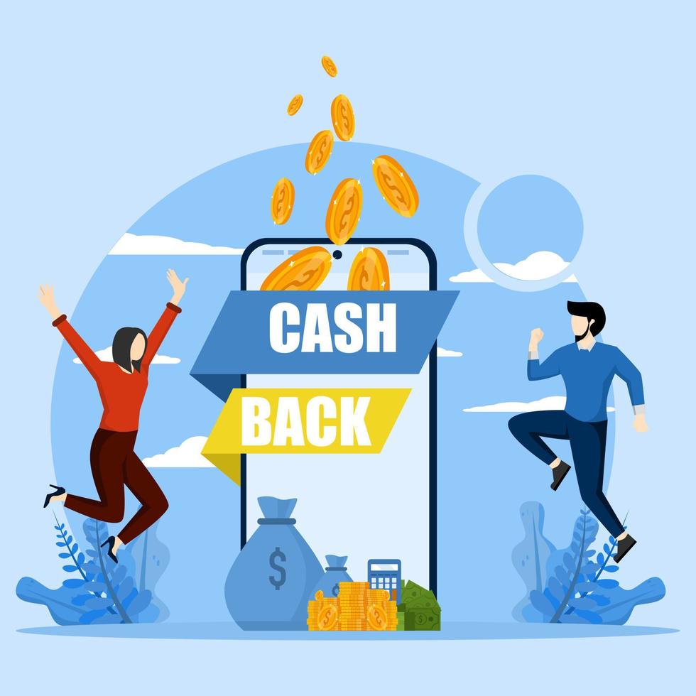 Online money back concept or money back concept. Happy people receive cashback for shopping. Big phone with cashback start button. Save money, get vouchers and discounts, rewards program vector