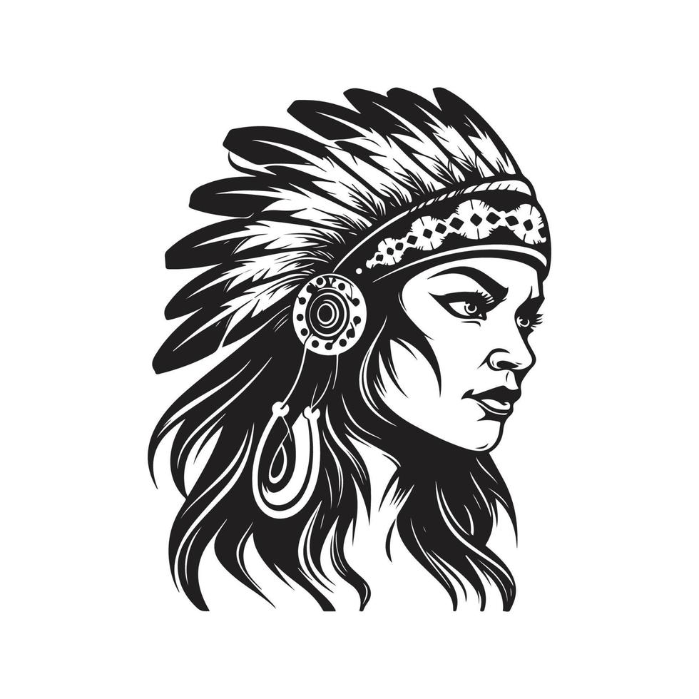 indian warrior girl, logo concept black and white color, hand drawn illustration vector