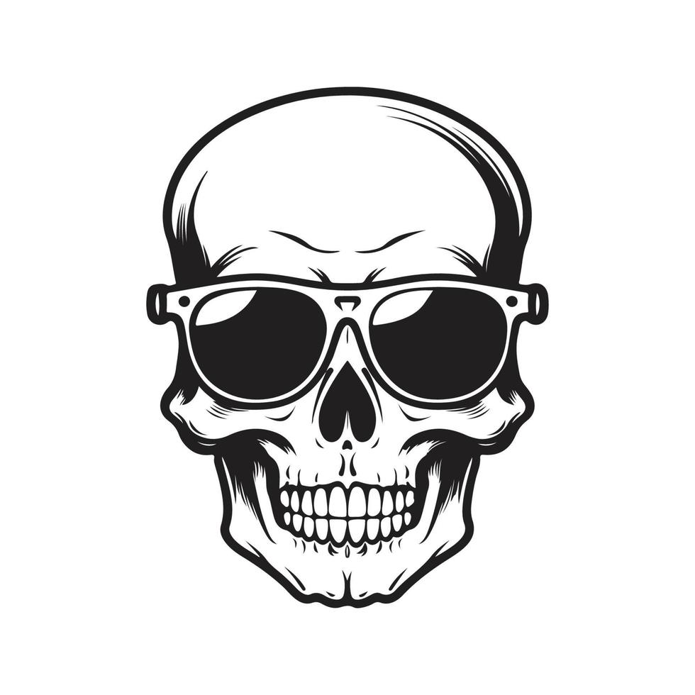 skull wearing sunglasses, logo concept black and white color, hand drawn illustration vector