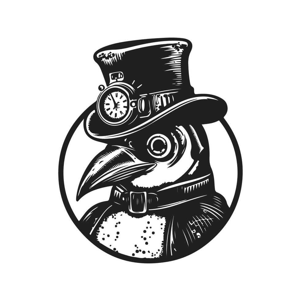 penguin steampunk, logo concept black and white color, hand drawn illustration vector