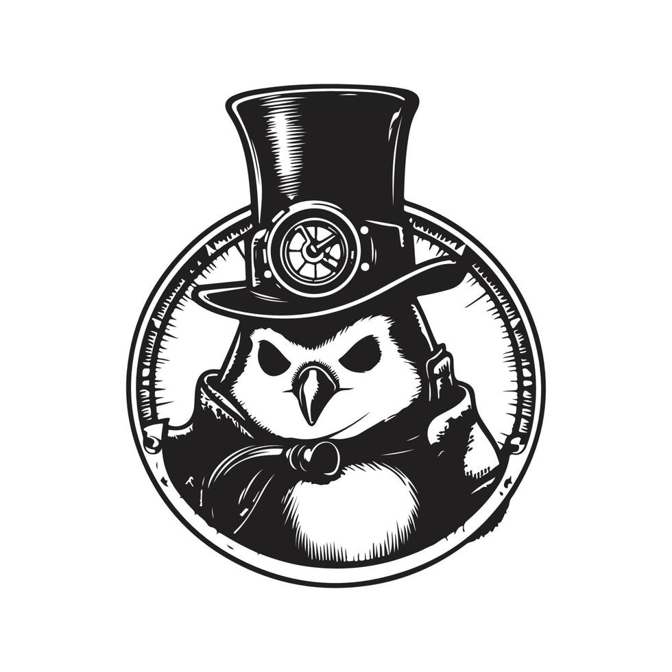 penguin steampunk, logo concept black and white color, hand drawn illustration vector