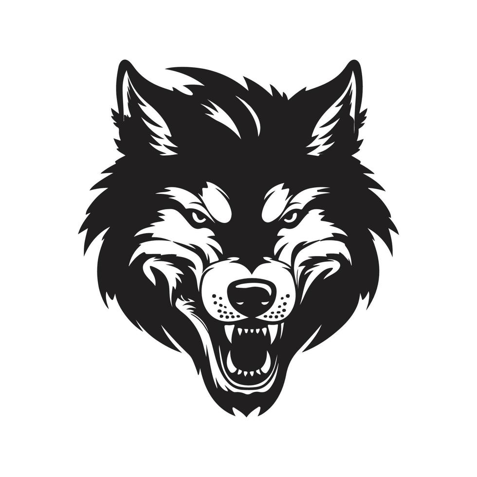 angry wolf, logo concept black and white color, hand drawn illustration vector