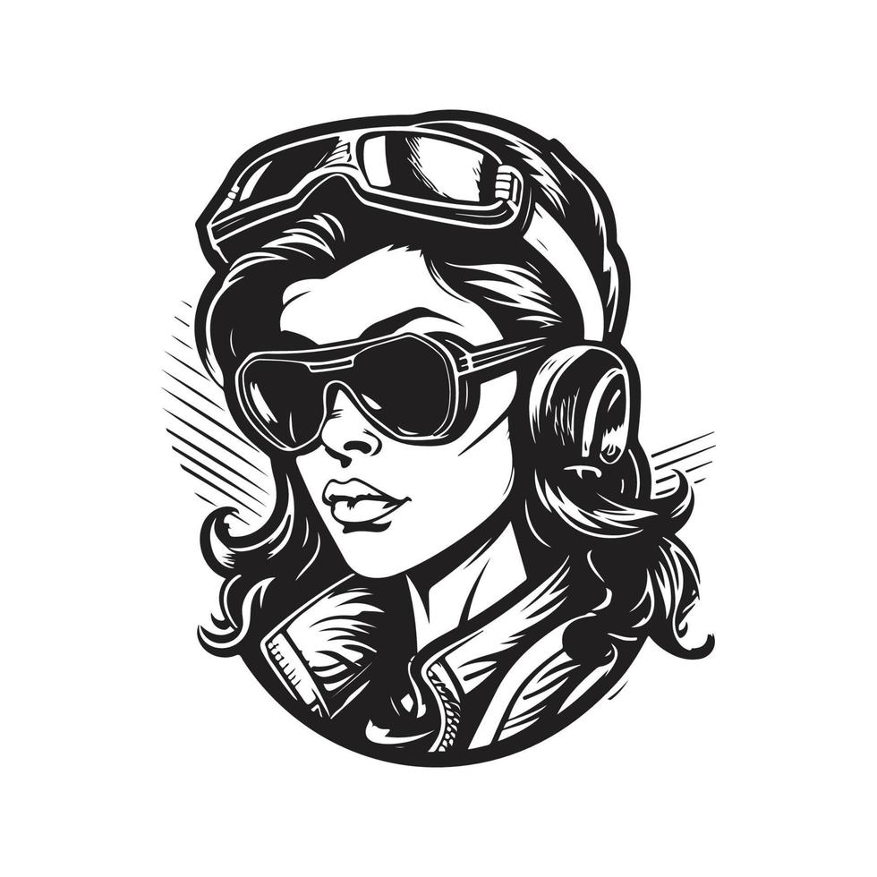 badass biker girl, logo concept black and white color, hand drawn illustration vector