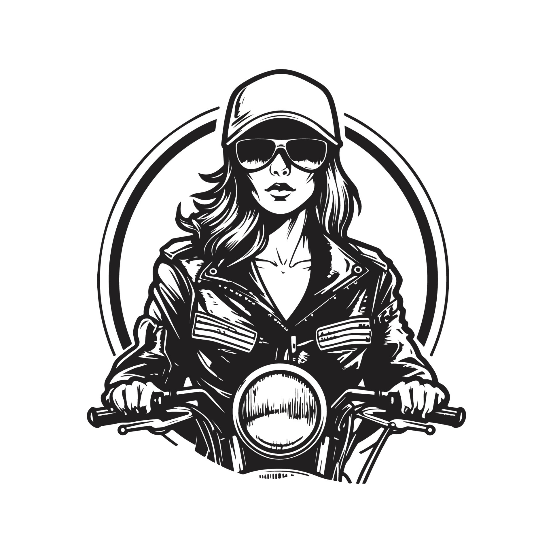 badass biker girl, logo concept black and white color, hand drawn