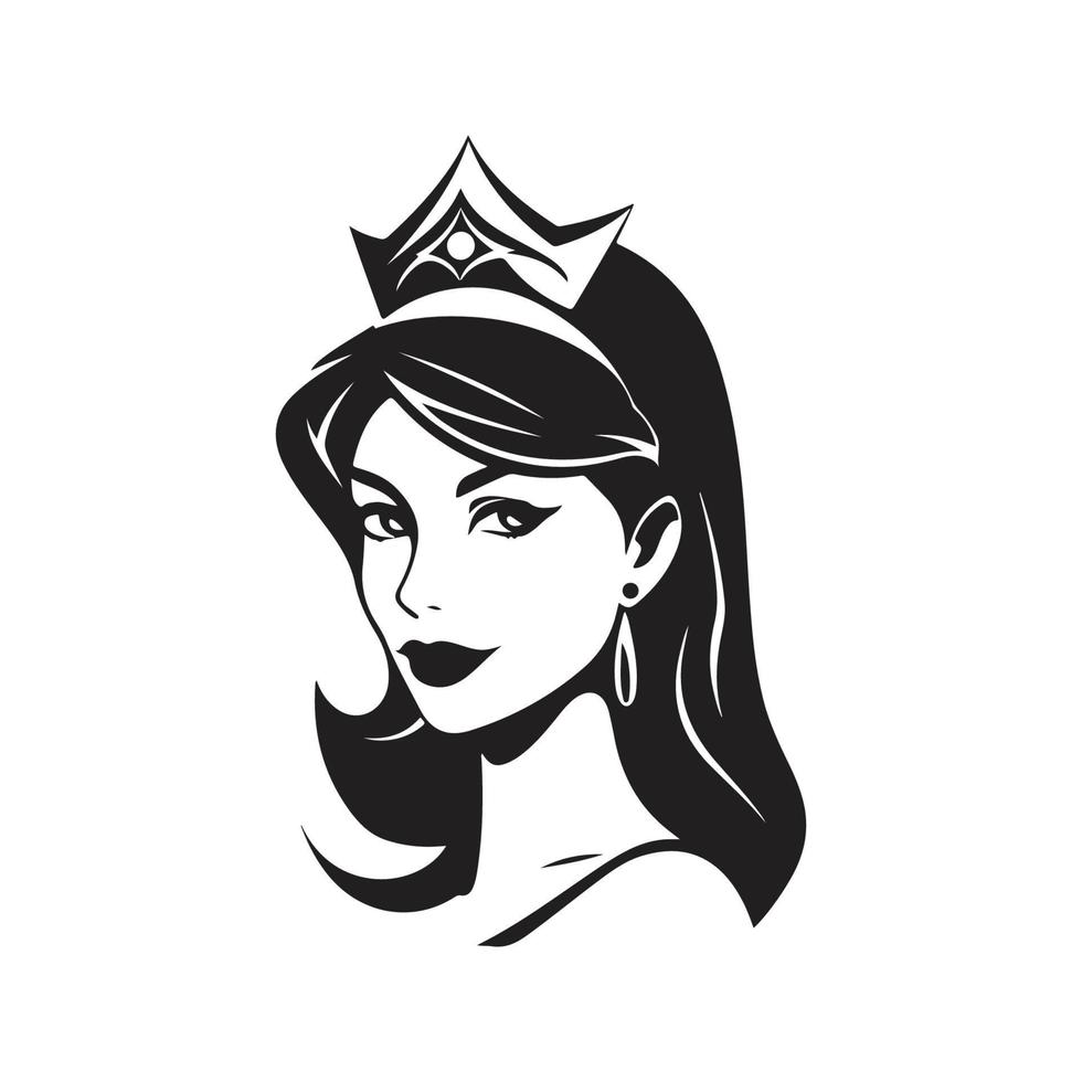 hermosa niña vistiendo corona, logo concepto negro y blanco color, mano dibujado ilustración vector