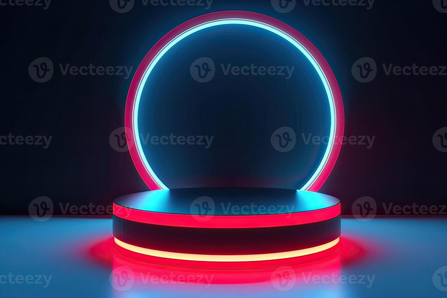 3d cylinder stand or podium in Sci-fi dark abstract room with illuminate circles neon lamp and shiny glitter in window. 3d rendering product display. Futuristic minimal scene. . photo
