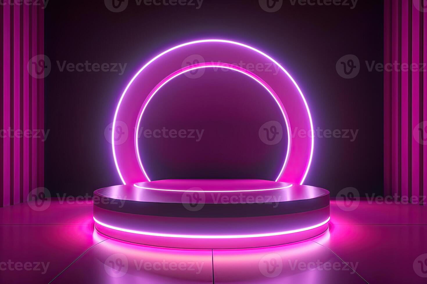 3d cylinder stand or podium in Sci-fi dark abstract room with illuminate circles neon lamp and shiny glitter in window. 3d rendering product display. Futuristic minimal scene. . photo
