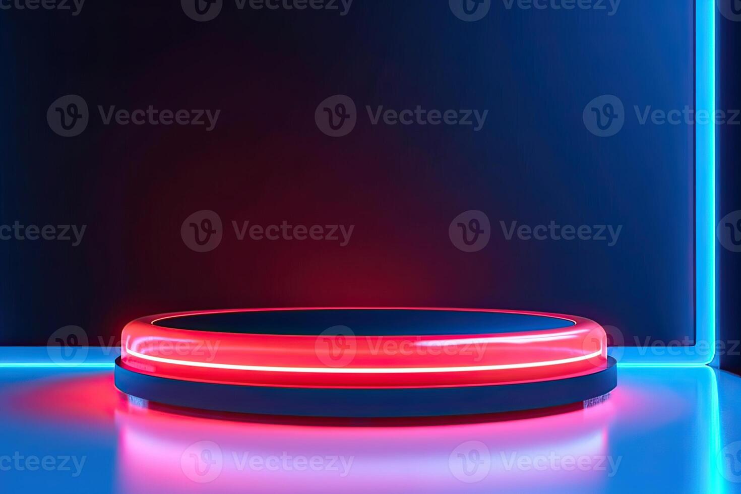 3d cylinder stand or podium in Sci-fi dark abstract room with illuminate circles neon lamp and shiny glitter in window. 3d rendering product display. Futuristic minimal scene. . photo