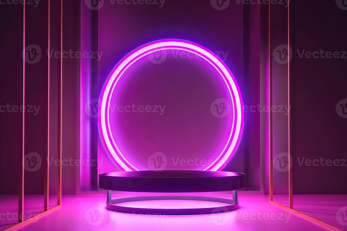 3d cylinder stand or podium in Sci-fi dark abstract room with illuminate circles neon lamp and shiny glitter in window. 3d rendering product display. Futuristic minimal scene. . photo