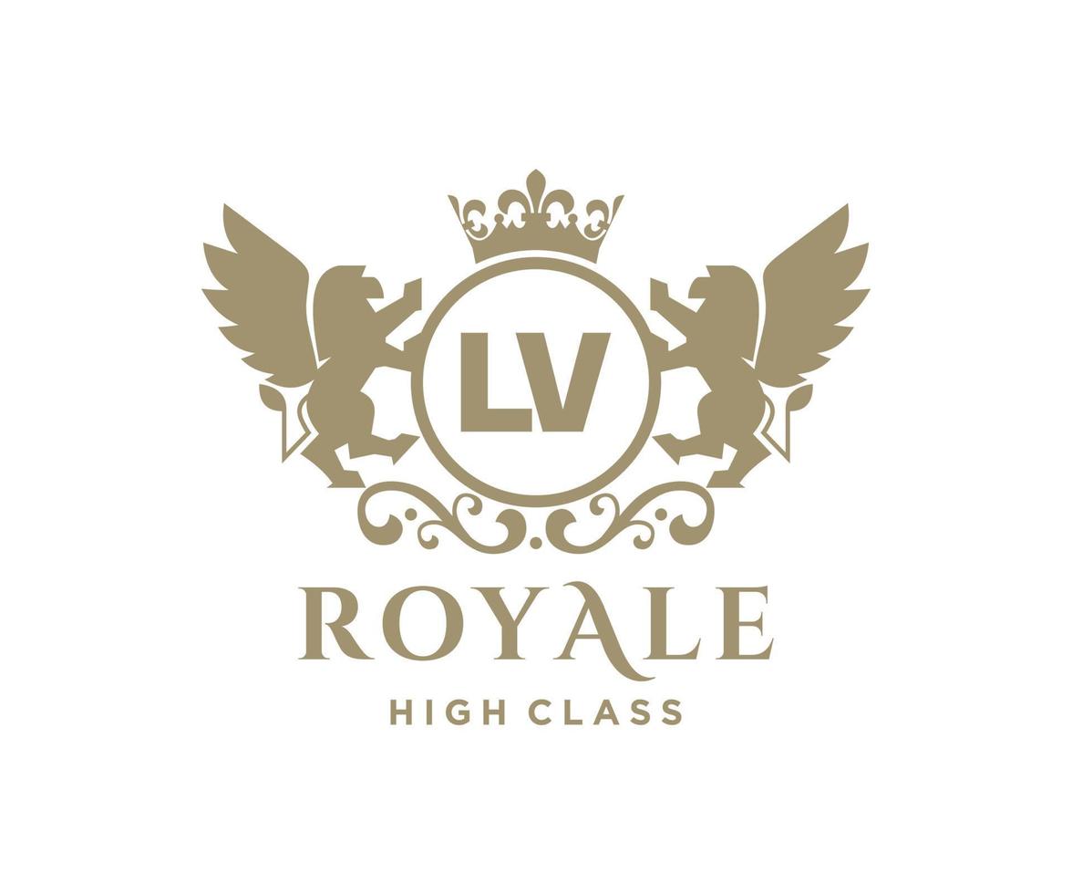 Golden Letter LV template logo Luxury gold letter with crown. Monogram alphabet . Beautiful royal initials letter. vector