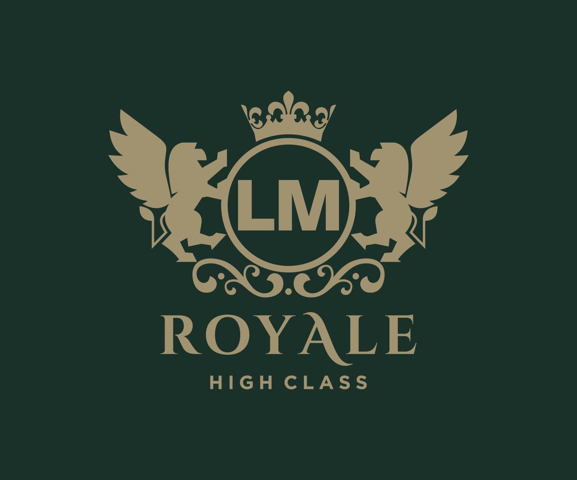 Golden Letter LM template logo Luxury gold letter with crown. Monogram alphabet . Beautiful royal initials letter. vector