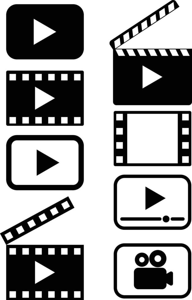 vídeo relacionado icono conjunto claqueta, jugar botones, vídeo icono, cinta icono o cámara icono vector ilustraciones negro y blanco