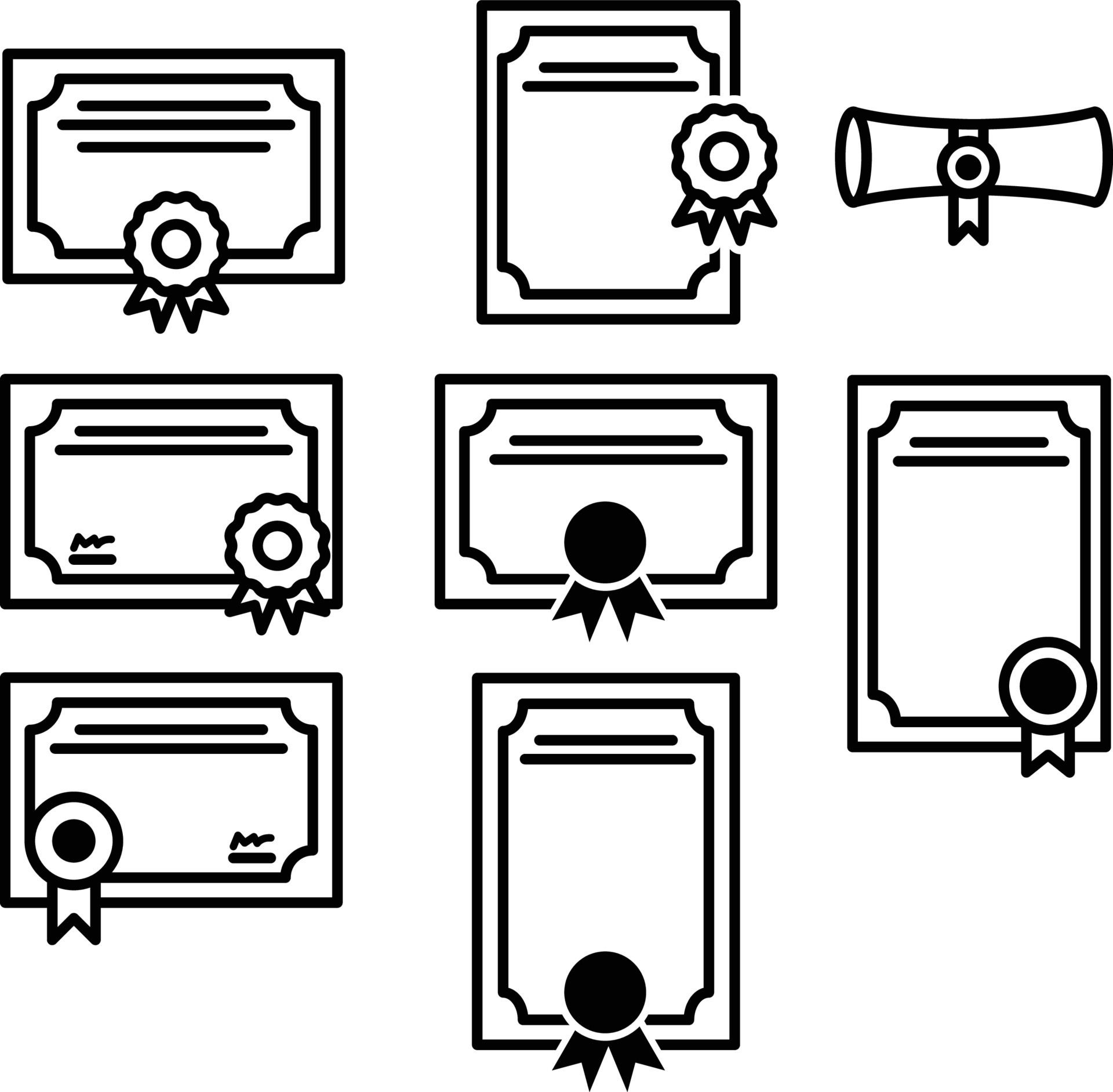 Set of different types of certificates icons black and white line style Set of different types of certificates icons black and white line style