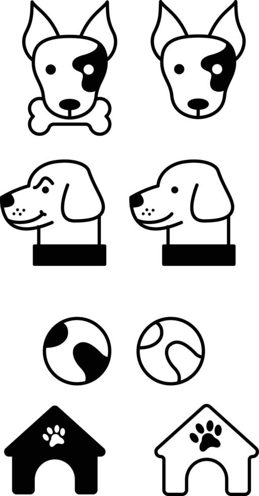 Dog head line artwork, dog's house and ball simple vector style line artworks icon set clip arts vector illustration