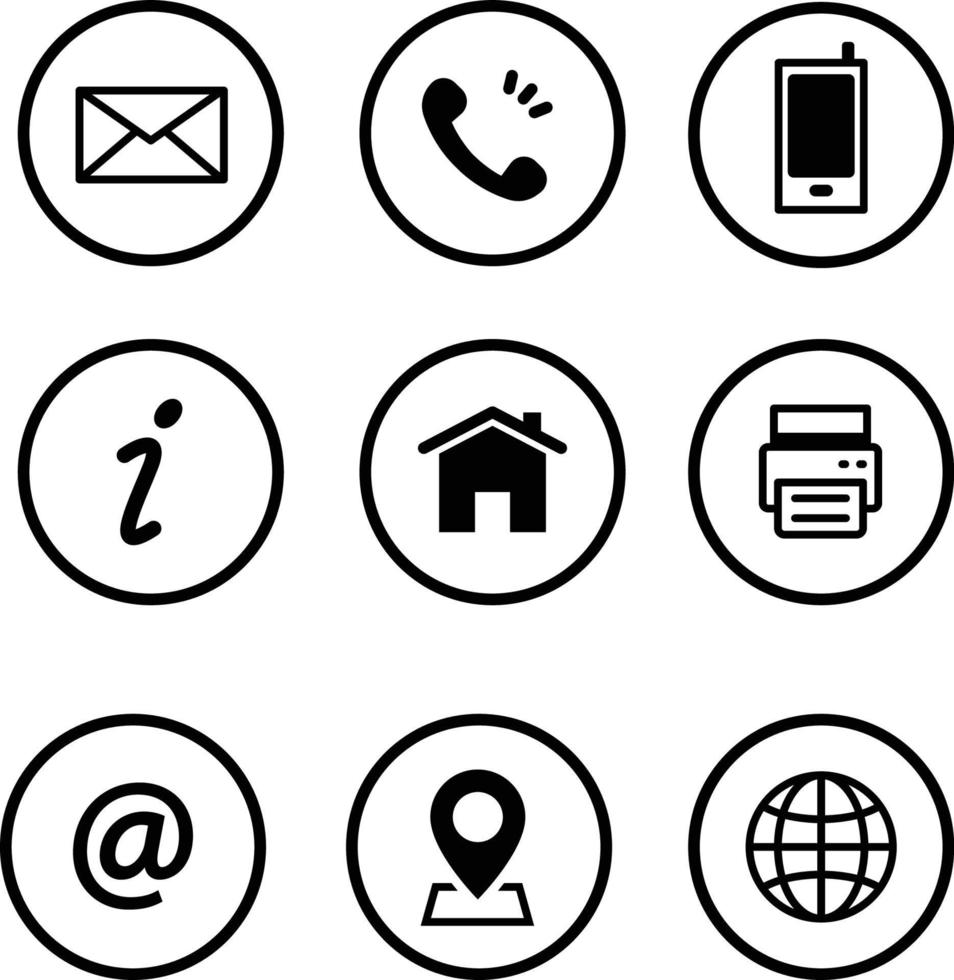 Contact info icon set for business card web black and white simple vector style illustration