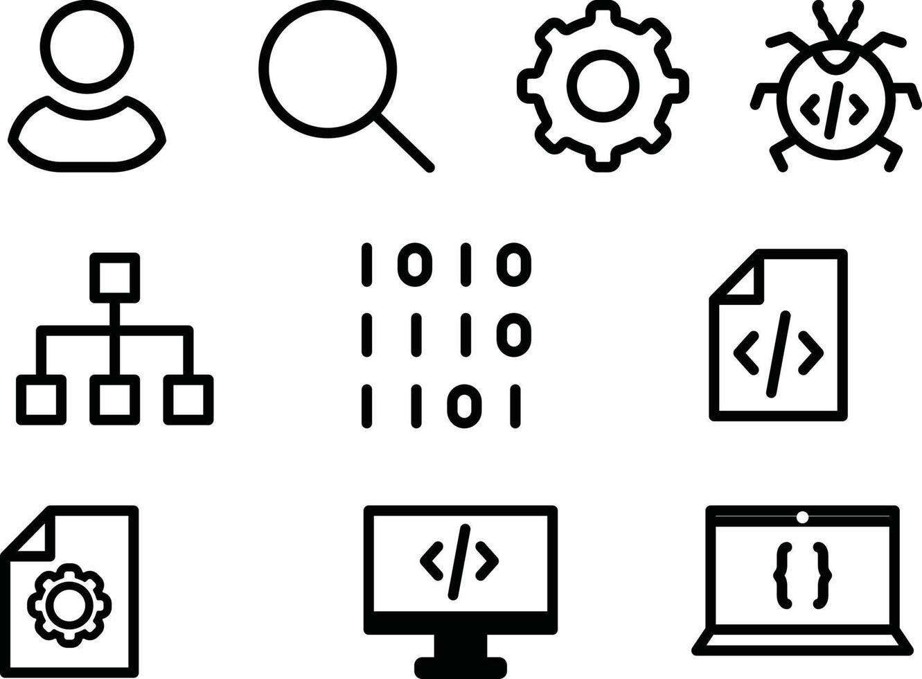 Computer programming icon set coding software web developer related vector clip arts black and white simple style vector icons illustration