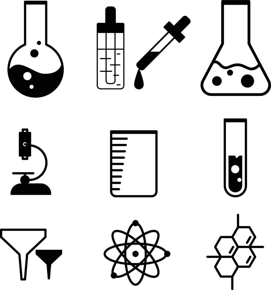 Ciencias laboratorio química icono conjunto vector ilustraciones negro y blanco acortar letras