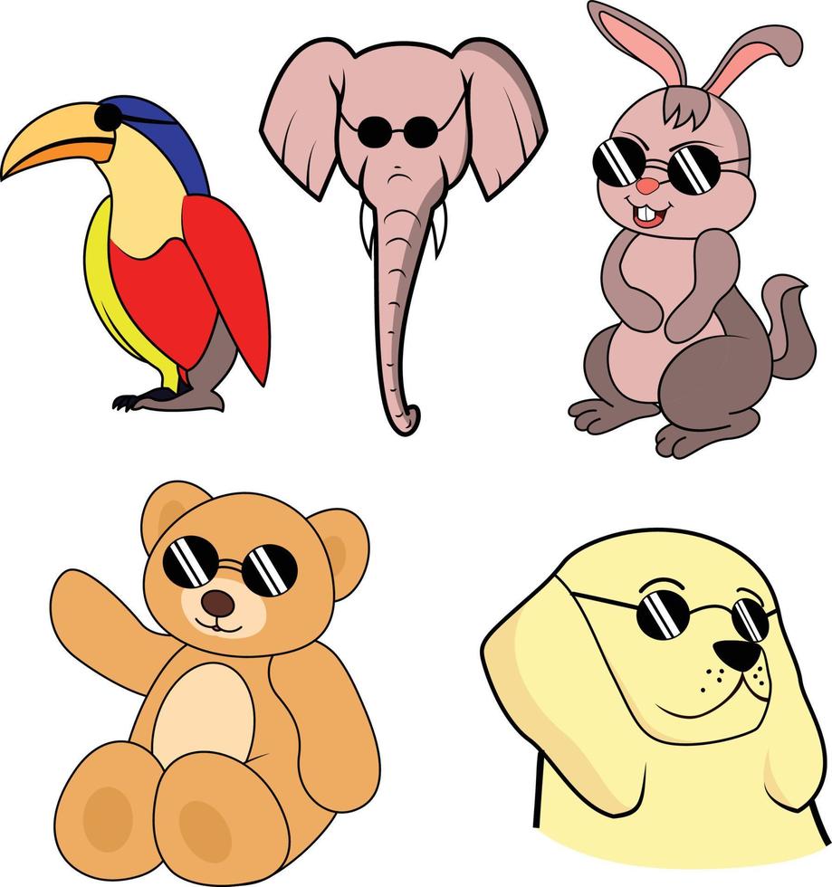 Animal cartoons with sunglasses elephant rabbit teddy-bear, Labrador and bird vector illustrations