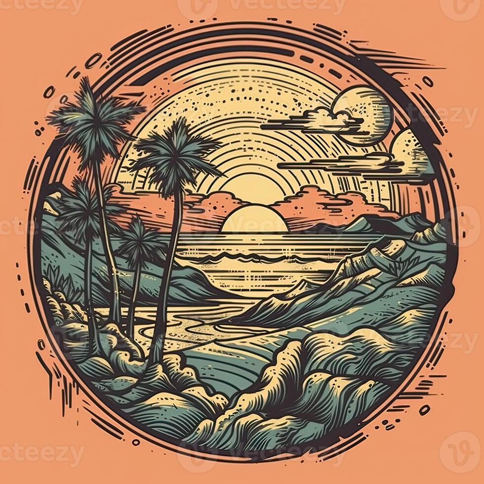 ilustración de tropical paisaje con palma árboles, Oceano y montaña. dibujos animados plano panorámico paisaje, puesta de sol con el palmas Arte retro estilo ilustración. generativo ai. foto