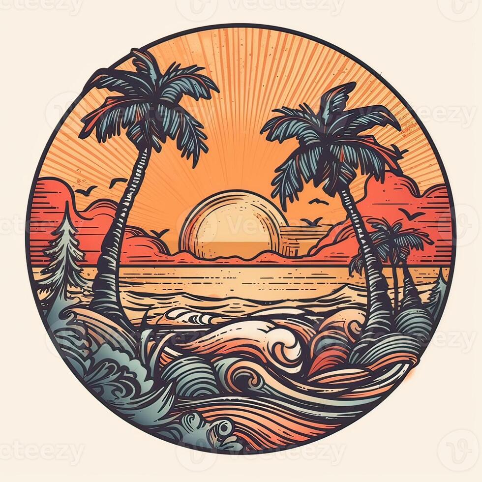 illustration of Tropical landscape with palm trees, ocean and mountain. Cartoon flat panoramic landscape, sunset with the palms art retro style illustration. . photo
