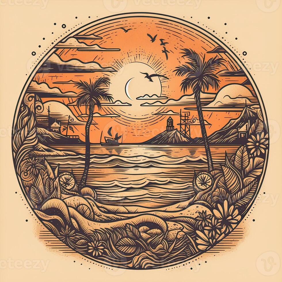 ilustración de tropical paisaje con palma árboles, Oceano y montaña. dibujos animados plano panorámico paisaje, puesta de sol con el palmas Arte retro estilo ilustración. generativo ai. foto