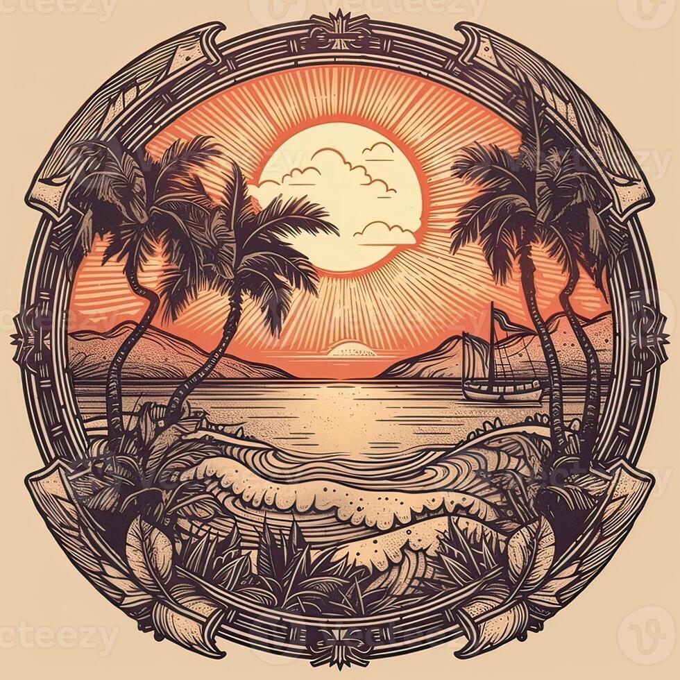 illustration of Tropical landscape with palm trees, ocean and mountain. Cartoon flat panoramic landscape, sunset with the palms art retro style illustration. . photo