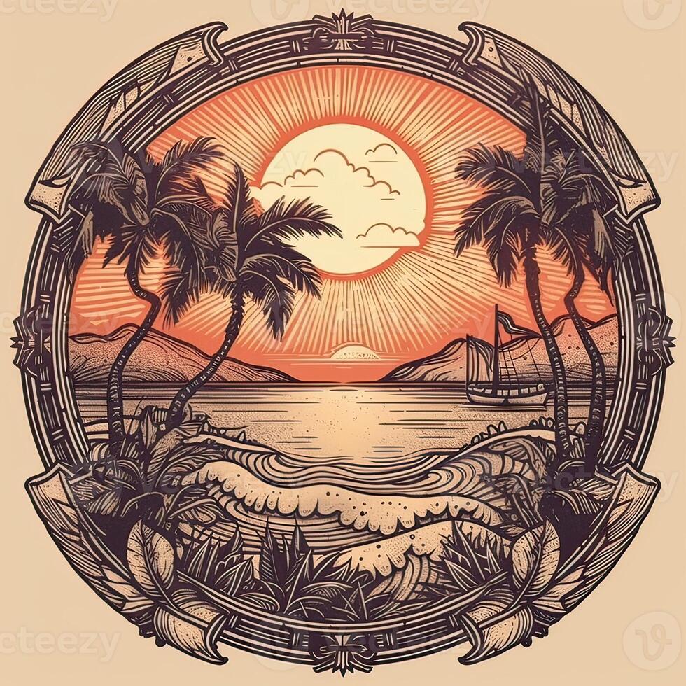 ilustración de tropical paisaje con palma árboles, Oceano y montaña. dibujos animados plano panorámico paisaje, puesta de sol con el palmas Arte retro estilo ilustración. generativo ai. foto