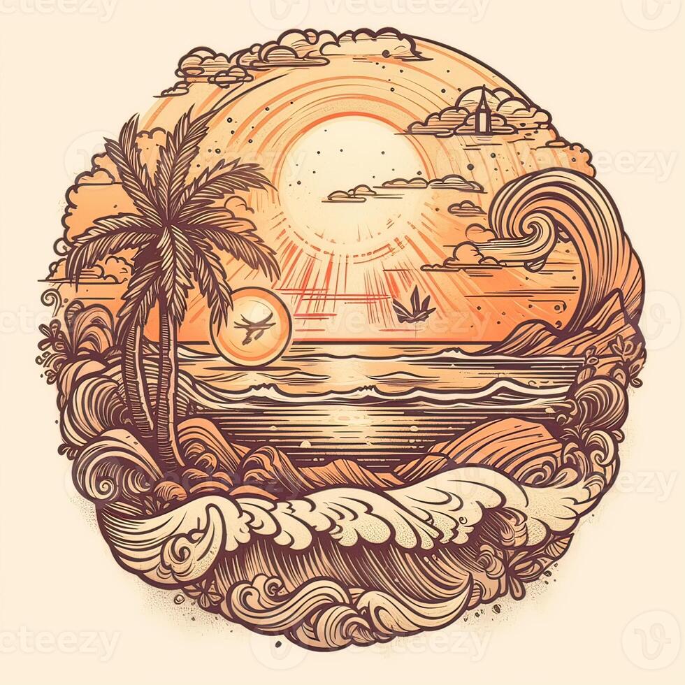 ilustración de tropical paisaje con palma árboles, Oceano y montaña. dibujos animados plano panorámico paisaje, puesta de sol con el palmas Arte retro estilo ilustración. generativo ai. foto